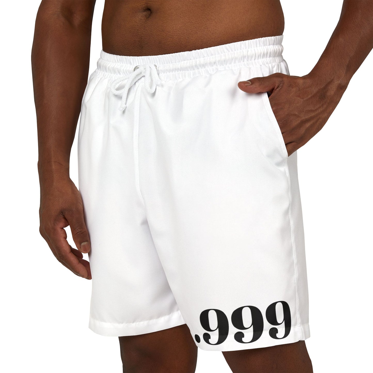 Minimalist Unisex Swim Shorts with .999 Design, Beachwear, Summer Essentials, Vacation Shorts, Activewear, Pool Party Outfit